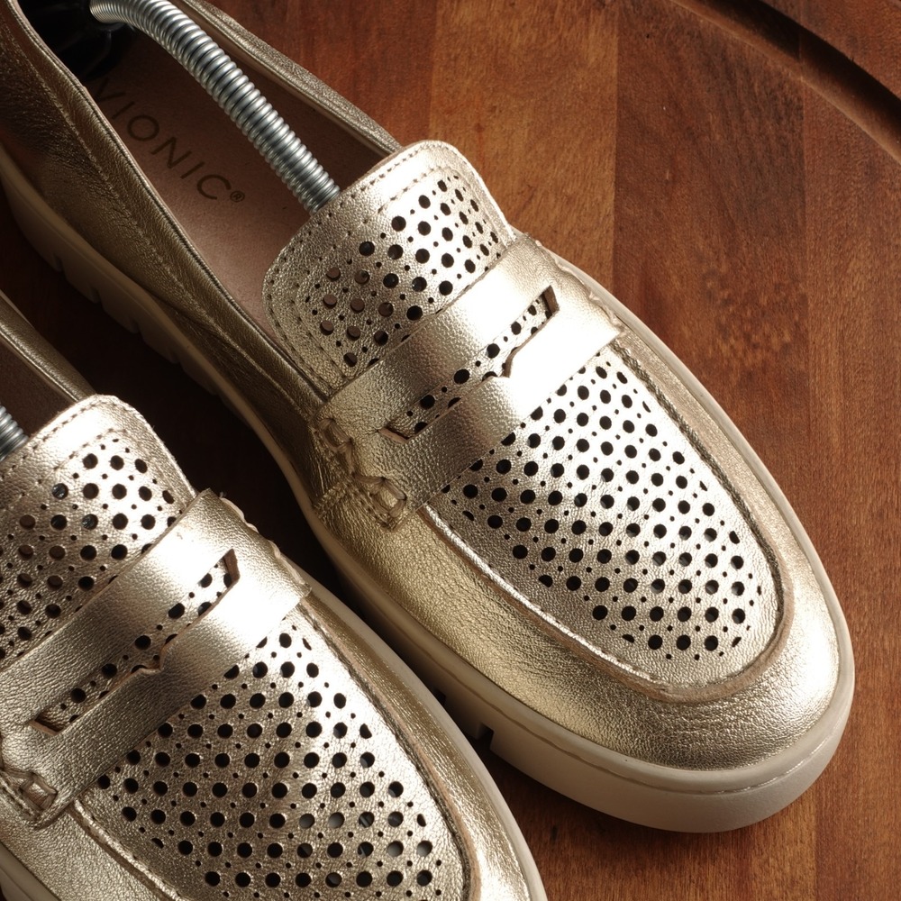 Vionic Loafers WMS SZ 8 Gold Metallic Uptown Perf Leather Comfort Walking Shoes - Picture 5 of 12